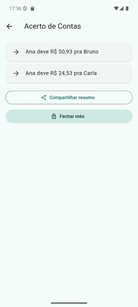 Tela de acerto de contas do Divide Casa, mostrando quanto cada morador deve pagar aos outros