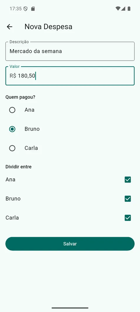 Tela de nova despesa do Divide Casa, com campos de descrição, valor, quem pagou e divisão entre moradores