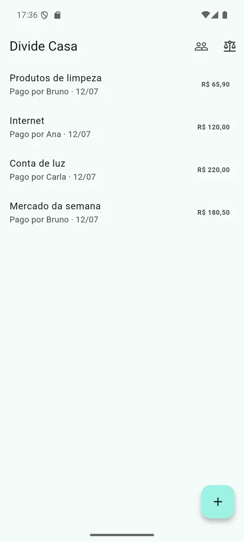 Tela de lançamentos do Divide Casa, com cada despesa da casa, quem pagou e a data